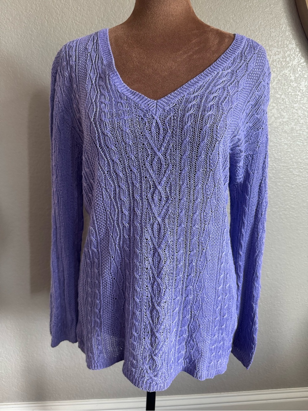 Lauren Ralph Lauren 100% Linen Cable Knit V-Neck Sweater Large